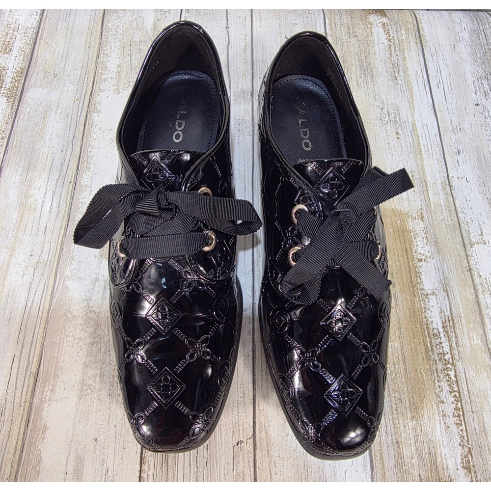 Aldo Black Patent Leather Embossed Logo Ribbon Lace Up Oxfords Shoes Womens 8
